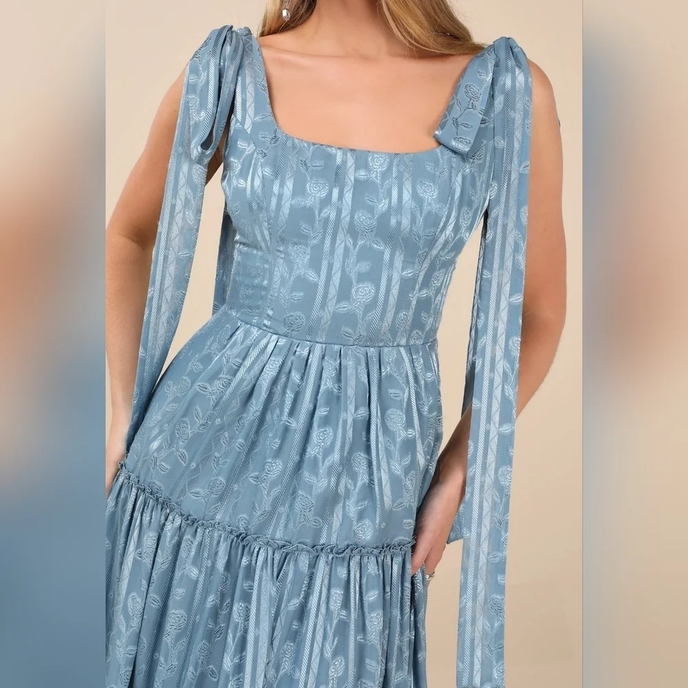 Lulus Picturesque Allure Slate Blue Sleeveless Jacquard Tie-Strap Maxi Dress - Picture 5 of 11